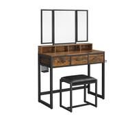 VASAGLE RVT004B01 - Conjunto de Armario Inferior con Taburete tapizado, 3 cajones, Soporte para secador de Pelo, tocador, Estilo Industrial, rústico, marrón y Negro