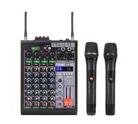Consola de mezcla de 4 canales, mezclador de audio portátil Bluetooth, 16 efectos DSP, entrada USB MP3, con 2 micrófonos inalámbricos de frecuencia ajustable para estudio, hogar, bar, fiesta, reunión