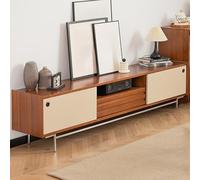 Consola de TV y multimedia, centro de entretenimiento moderno, mueble de TV con puertas corredizas, mueble de TV de madera, con almacenamiento semiabierto y cerrado, patas de gabinete de acero, ya en