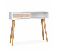 Consola estilo escandinavo de caña, 100cm, boheme, blanco roto, 100x29x81 cm