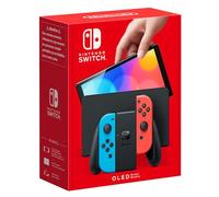 Consola Nintendo Switch OLED en azul neón, negro y rojo fluorescente nuevo