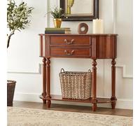 Consola Semicircular de Madera Maciza Estilo Mid-century con 2 Cajones Almacenamiento, Mesa Curvada Retro con Tallas Nogal para Salón y Pasillo(Light walnut,100*30*90cm/39.4*11.8*35.4in)