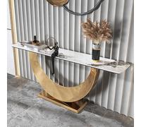 Consola Sofá Media Luna de Piedra Ligera Lujosa Ideal para Recibidor Pasillo Porche Armario con Base Metálica Consola Moderna Pasillo Mesa Auxiliar Listones Largos(Gold,140*30*80CM/55.1*11.8*31.5IN)