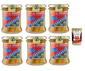 Consorcio - Filetes de atún en aceite de oliva virgen extra, pescado capturado con barril, 6 x 195 g + polpa italiana gourmet 400 g