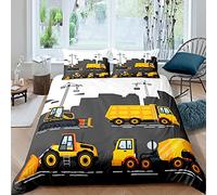 Construcción Dibujo Ropa de cama Niños Niños Construcción Sitio Excavadora Bulldozer Impresión Juego de cama Doble Amarillo Camión Construcción Vehículo Grúa Juego de Funda de edredón Gris Blanco