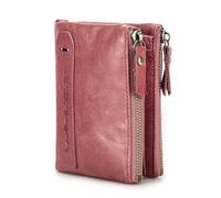 Contacts Cartera corta RFID para hombre, de piel auténtica, con doble bolsillo con cremallera, rosa oscuro, Clásico