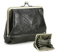 CONTACTS Cartera de beso con cierre de presión de cuero para mujeres Damas Vintage Porta tarjetas pequeño y lindo Monedero de cambio, verde oscuro, Estilo vintage