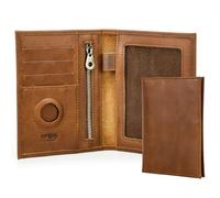 CONTACTS Cartera de cuero de grano completo para pasaporte Airtag, bloqueo RFID, hecha a mano, Camel marrón, Vacía