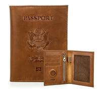 CONTACTS Cartera de cuero de grano completo para pasaporte Airtag, bloqueo RFID, hecha a mano, Camel marrón, 5.51" x 4.13" x 0.39" / 14 x 10.5 x 1 cm, Insignia: clásica