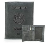 CONTACTS Cartera de cuero de grano completo para pasaporte Airtag, bloqueo RFID, hecha a mano, Gris, 5.51"L x 4.13"W x 0.39"D, Insignia: clásica