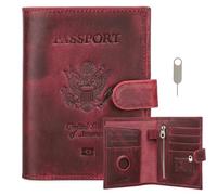 CONTACTS Cartera de cuero de grano completo para pasaporte Airtag, bloqueo RFID, hecha a mano, Rojo vino, 5.5 x 4.53 x 0.6 inches, Insignia a presión