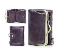 Contacts Cartera RFID para Mujer con Cierre de Beso, Monedero Bifold Compacto de Cuero Genuino para Damas con Bolsillo con Cremallera Vintage, Tarjetero Pequeño Clutch con Ventana de ID, morado oscuro