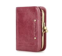 Contacts Cartera RFID para mujer con cierre de beso, monedero plegable compacto de piel auténtica con bolsillo con cremallera, vintage, tarjetero pequeño con ventana de identificación, Rosa Oscuro, S,