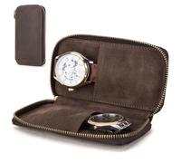 CONTACT'S FAMILY Estuche de almacenamiento para reloj, piel auténtica, portátil, 2 piezas, bolsa protectora para reloj de joyería con soporte para reloj (café)