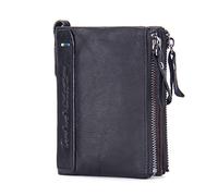 Contacts Mens de Cuero Genuino Bifold Doble Cremallera Monedero Bolso Monedero Negro