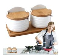 Containers for Countertop, Ceramic Keeper Set & Seasoning Storage Jar, 2x Holder with Wooden Spoon Lid for Kitchen Counter, Storage Box for, Sugar, Seasoning, Cooking