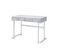 Contemporary Style Writing Desk White Printed Faux Marble Chrome Finish Computer Desk Study Desk with Storage