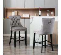 Contemporary Velvet Upholstered Barstools with Button Tufted Decoration and Wooden Legs, and Chrome Nailhead Trim, Leisure Style Bar Chairs, Bar Stools, Set of 2 (Gray)