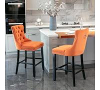 Contemporary Velvet Upholstered Barstools with Button Tufted Decoration and Wooden Legs, and Chrome Nailhead Trim, Leisure Style Bar Chairs, Bar Stools, Set of 2 (Orange)