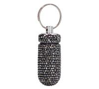 Contenedor Bling, caja de almacenamiento de cápsulas de aleación de aluminio, diamantes de imitación negros brillantes, pastillero Bling, pastillero Bling, botella de medicina con llavero