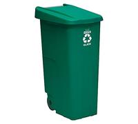 Contenedor - cubo de basura Wellhome Reciclo 110L, color verde cerrado con tapa, ideal para reciclaje de VIDRIO, con ruedas