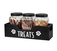 Contenedor de almacenamiento de comida para perros, 3 tarros de plástico para golosinas para perros con soporte y mango de madera, almacenamiento portátil antideslizante de alimentos para gatos para