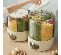 Contenedor de almacenamiento de granos giratorio de 360°, dispensador de arroz transparente de 6 compartimentos con salida de un clic, organizador hermético de alimentos secos para arroz, legumbres