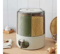 Contenedor de almacenamiento de granos giratorio de 360°, dispensador de arroz transparente de 6 compartimentos con salida de un solo clic, organizador hermético de alimentos secos para arroz