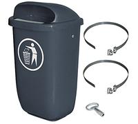 Contenedor de basura para exteriores, contenido 50 litros, según DIN 30713 en juego completo con abrazadera para fijación de poste.