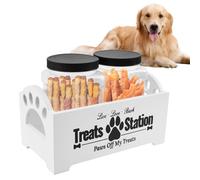 Contenedor de madera para golosinas para perros, contenedor de almacenamiento de alimentos para perros con 2 tarros de plástico, contenedor de galletas para mascotas, organizador enlatado para gatos,