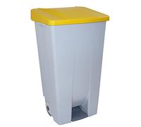 Contenedor de Reciclaje con Pedal 120L Gris con Tapa Amarillo - Cubo de Basura Selectivo con Ruedas y Asa Ergonómica, Plástico Resistente y Fácil Limpieza | Denox
