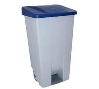 Contenedor de Reciclaje con Pedal 120L Gris con Tapa Azul- Cubo de Basura Selectivo con Ruedas y Asa Ergonómica, Plástico Resistente y Fácil Limpieza | Denox