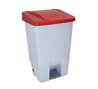 Contenedor de Reciclaje con Pedal 80L Gris con Tapa Rojo- Cubo de Basura Selectivo con Ruedas y Asa Ergonómica, Plástico Resistente y Fácil Limpieza | Denox