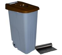 Contenedor de Residuos Reciclo 110L Marrón con Tapa Abierta y Ruedas - Plástico Resistente, Encajable, Asa Ergonómica, Ideal para Orgánicos y Colectividades | Denox