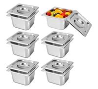 Contenedor GN 1/6, Juego de 6 Bandejas GN 1/6 de Acero Inoxidable, Recipientes Inox de 10 cm de Profundidad con Tapa, Contenedores Gastro Apilables, Cubetas para Baño María y Conservación de Alimentos