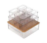 Contenedor organizador de refrigerador con cubierta de madera y tabla de cortar, caja de almacenamiento de alimentos de plástico transparente para armario de despensa, bandeja de cajón que ahorra