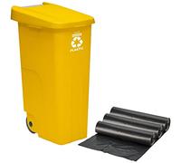 Contenedor Wellhome Reciclo 110 litros, cerrado con tapa, ideal para reciclaje de plásticos, con ruedas + 3X Bolsas de basura de 10 unidades