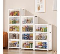 Contenedores de almacenamiento apilables transparentes, cestas plegables de plástico para dormitorio, sala de estar, estudio y sala de juguetes, diseño de 2 niveles con puerta magnética para un fácil