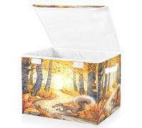Contenedores de almacenamiento plegables grandes de tela con tapas, 16.5 x 12.6 x 11.8 pulgadas, libros infantiles ilustran caminos sinuosos en bosques de arce dorado, ardillas corriendo con bellotas