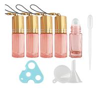 Contenedores de Viaje for cosméticos, frascos de Viaje for artículos de tocador, 5 Piezas, Botellas de Rodillo de Aceite Esencial de Vidrio Rosa vacías de 5 ml con Llavero con Tapa de Rosca Dorada