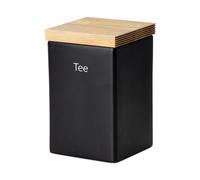 Continenta - Bote Cerámico con Tapa de Madera 10x10 cm, Altura 16.5 cm, Acabado Negro Mate, 12 Unidades con Adhesivos