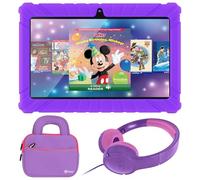 Contixo Paquete de tabletas de aprendizaje para niños de 7 pulgadas, tableta para niños, Bluetooth, Android, cámaras duales, control parental, auriculares Bluetooth y bolsa para tableta, color morado