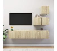 Contrachapado colgante moderna con almacenamiento Marrón 4 piezas 30x30 cm | Juego de muebles de salón 4 piezas roble Sonoma, mueble TV flotante con almacenamiento, centro de entretenimiento moderno