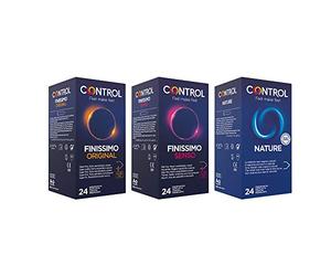 Control Preservativos Nature & Finissimo & Senso 72 ud - Pack 3 Cajas De Condones: 1x Placer Natural 24 ud, 1x Súper Fino 24 ud, y 1x Gama Sensibilidadad 24 ud, Lubricados, Ajuste Perfecto