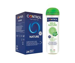 Control Preservativos Nature & Gel de Masaje Wild - Caja de 24 Condones Lubricados y Gel De Masaje Corporal Con Aroma a Té Negro 200 ml e Ingredientes Naturales (Pack Ahorro)