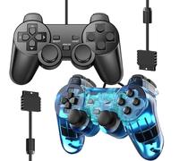 Controlador con cable para PS2 Double Shock, paquete de 2 mandos a distancia Gamepad compatible con Play Station 2 (azul y negro)