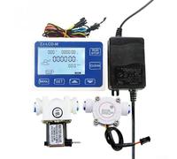 Controlador de flujo industrial con pantalla digital para una gestión precisa del agua, incluye válvula solenoide y fuente de alimentación, soporta salida de señal de pulso para sistemas automatizados
