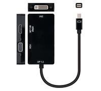Conversor Mini DP a VGA/DVI/HDMI 3 en 1 de color negro, longitud 15 cm. Este adaptador versátil es ideal para conectar tu dispositivo Mini DisplayPort a pantallas con entradas VGA, DVI o HDMI.