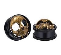 COOEAR 1 par de túneles y tapones de oreja de acero inoxidable, dilatadores de oreja con diseño de calavera dorada antigua en negro., 10mm, Acero inoxidable, Arenisca