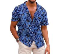 COOFADNY Camisa Hawaiana Hombre Manga Corta Funky Camisa Flores Camisas Estampadas Camisas Causal Playa Tropicale Palma Transpirable Ligera A-Azul Marino XXL